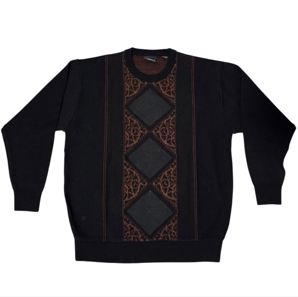 Gabicci Vintage Wool Men's XL Chunky 3D Knit Sweater Long Sleeves Patches Black - Picture 1 of 5
